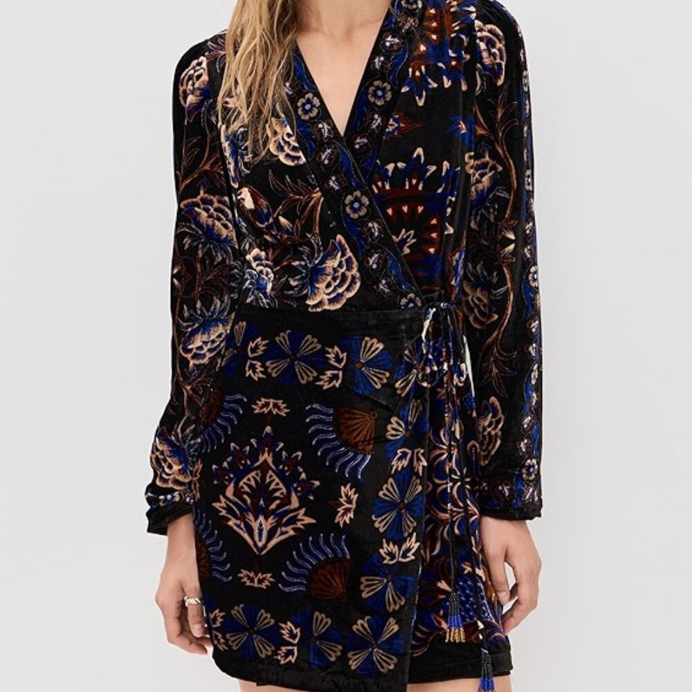 Farm Rio Arabesque Mix Scarves Floral Velvet Wrap Minidress